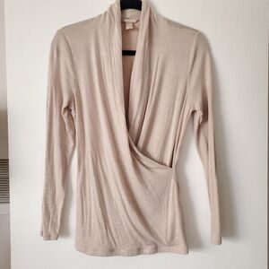 Banana Republic Sand Color Faux Wrap V Neck Longsleeve Knit Blouse